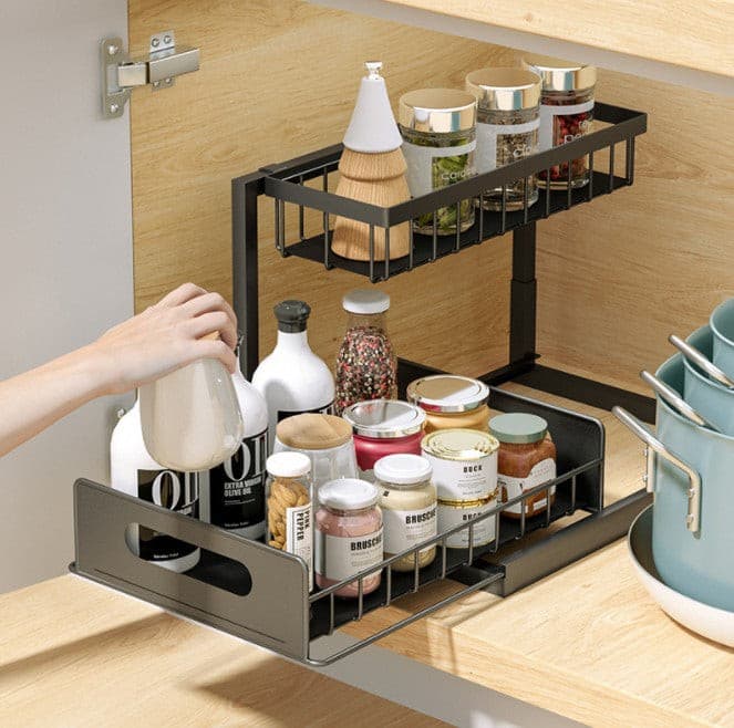 Black Steel Kitchen Bathroom Benchtop Under Sink Storage Rack.